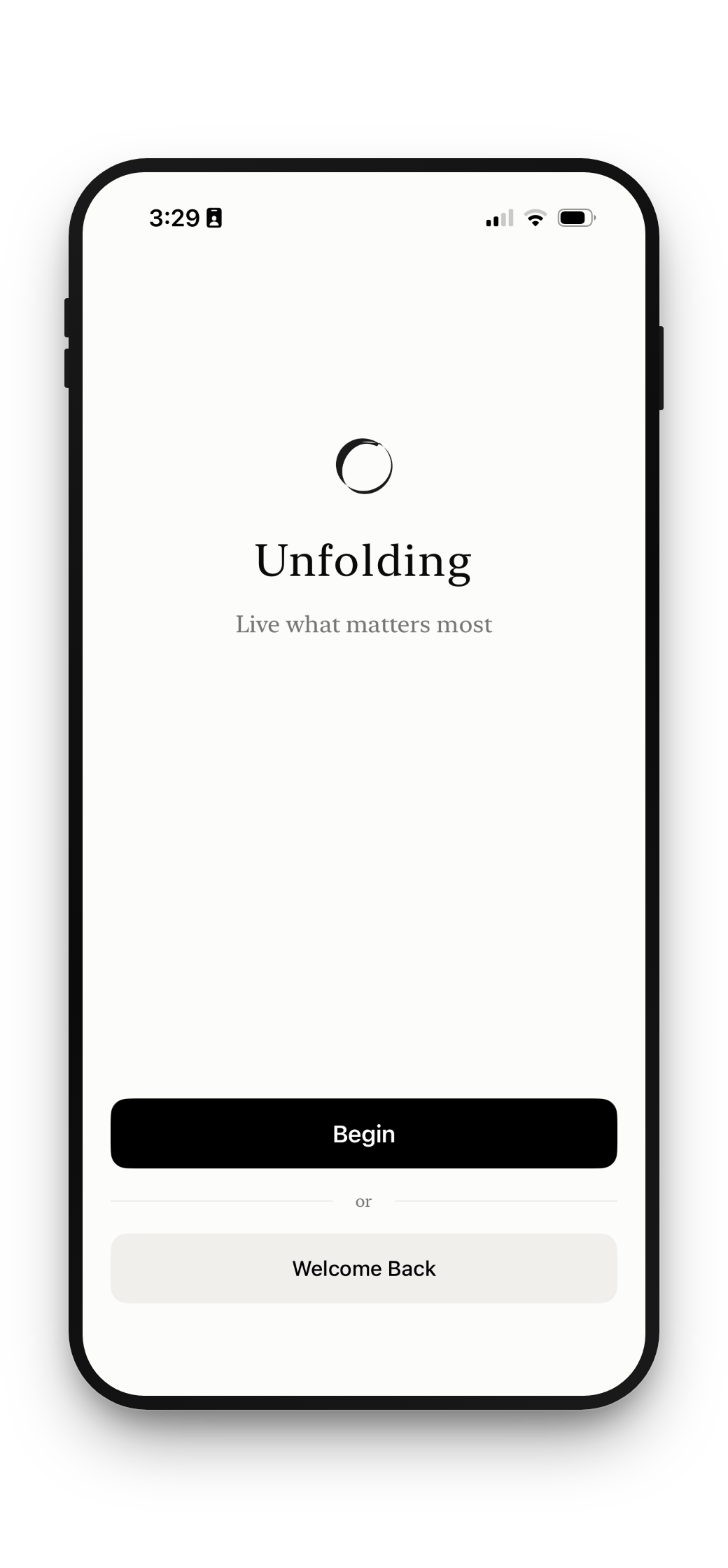 Unfolding app welcome screen with the Begin button